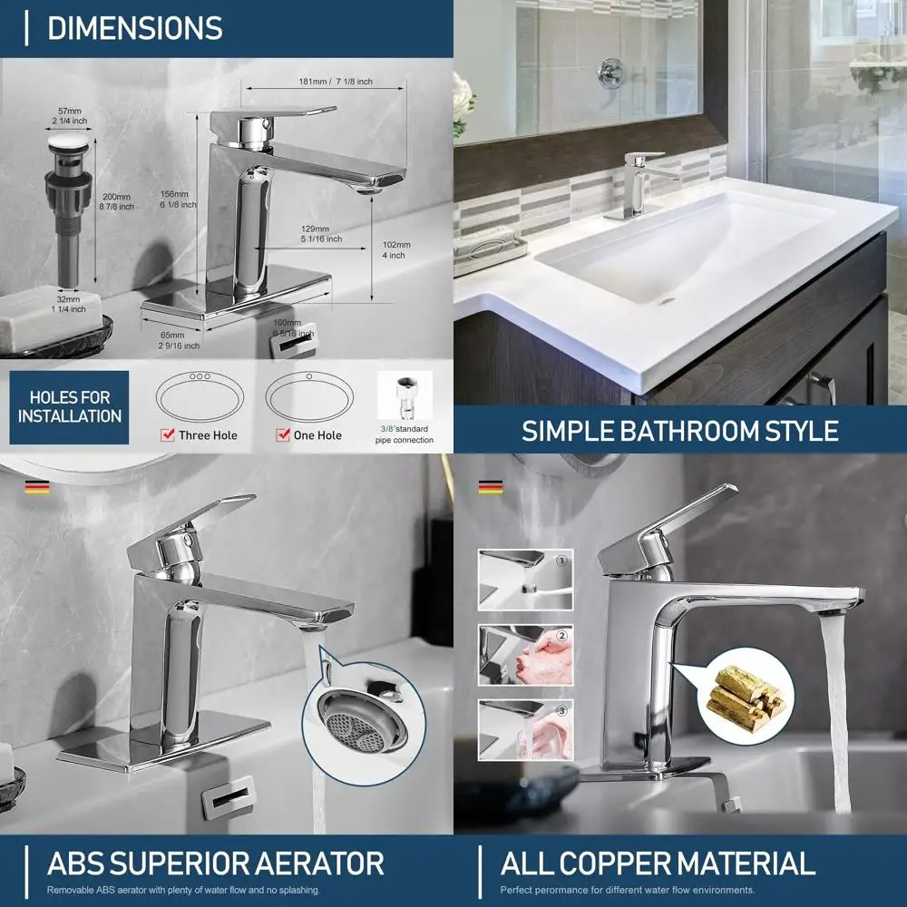 

Single Handle 1-Hole Bathroom Faucet with Pop-up Drain and Supply Lines for Vanity Sinks and Vessel Basins