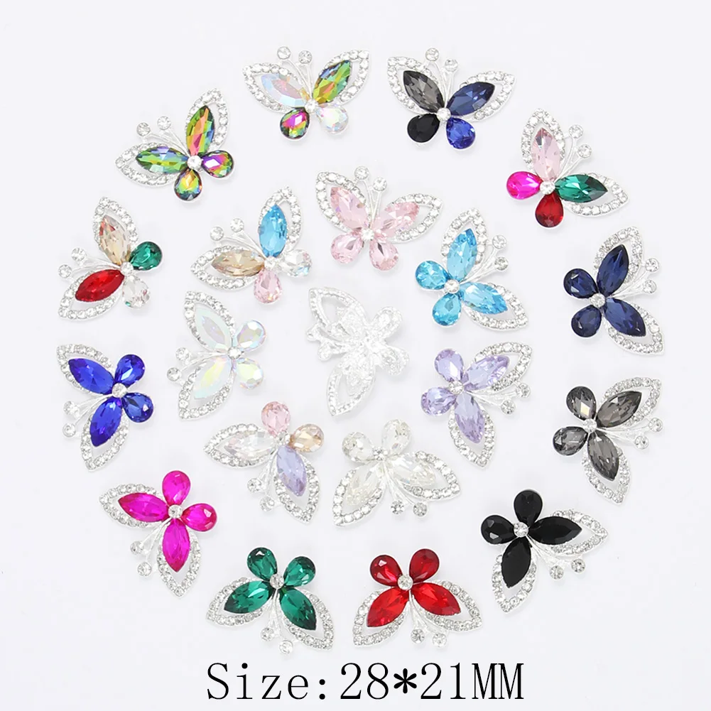 10pcs 28x21mm Silver Alloy Rhinestone Button for Clothing Diy Jewelry Sewing for Craft Accessories Butterfly Embellishments