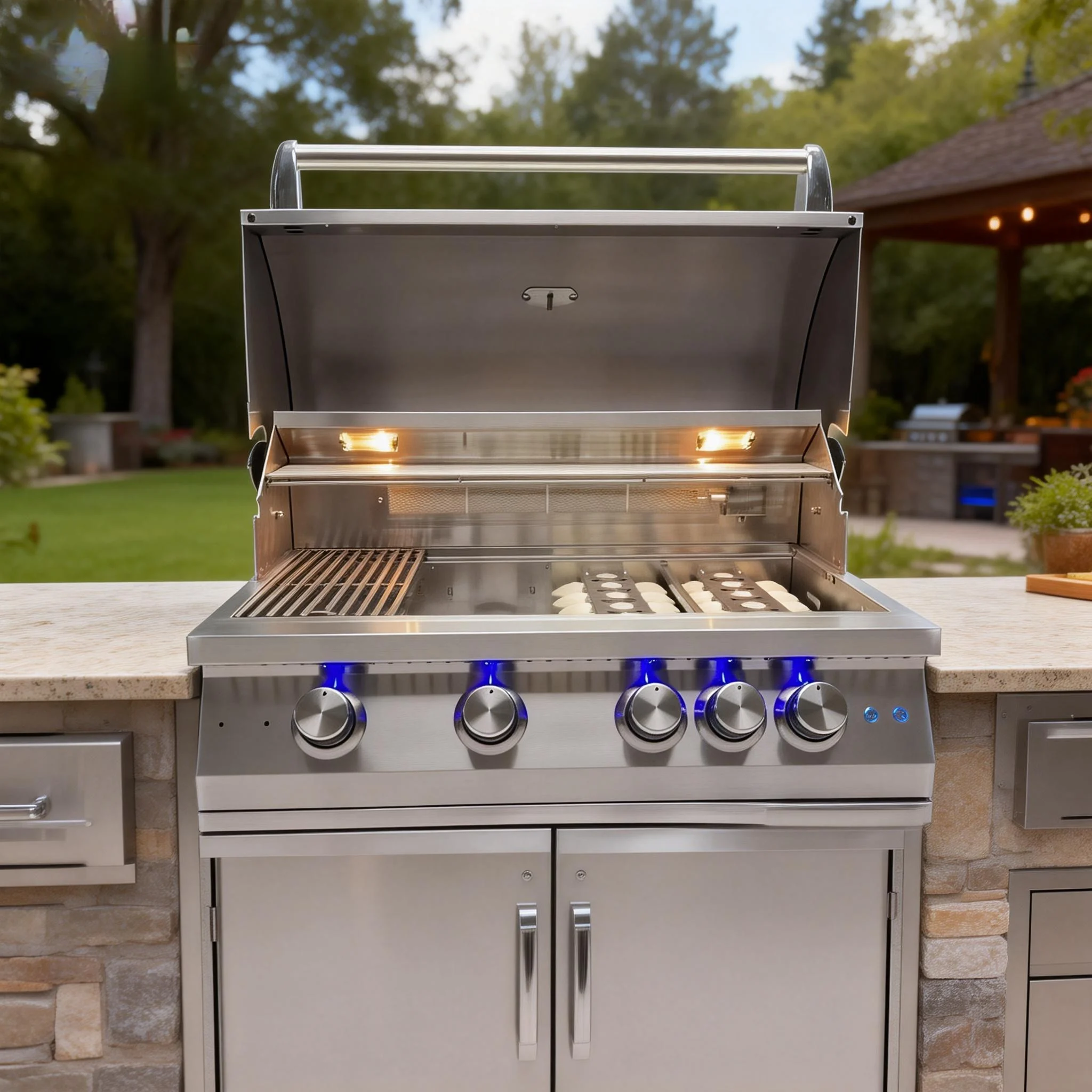 304 Stainless Steel Heavy Duty Multifunction Outdoor Kitchen Built-in Natural Gas BBQ Grill Electronic Pulse Ignition 4 Burners
