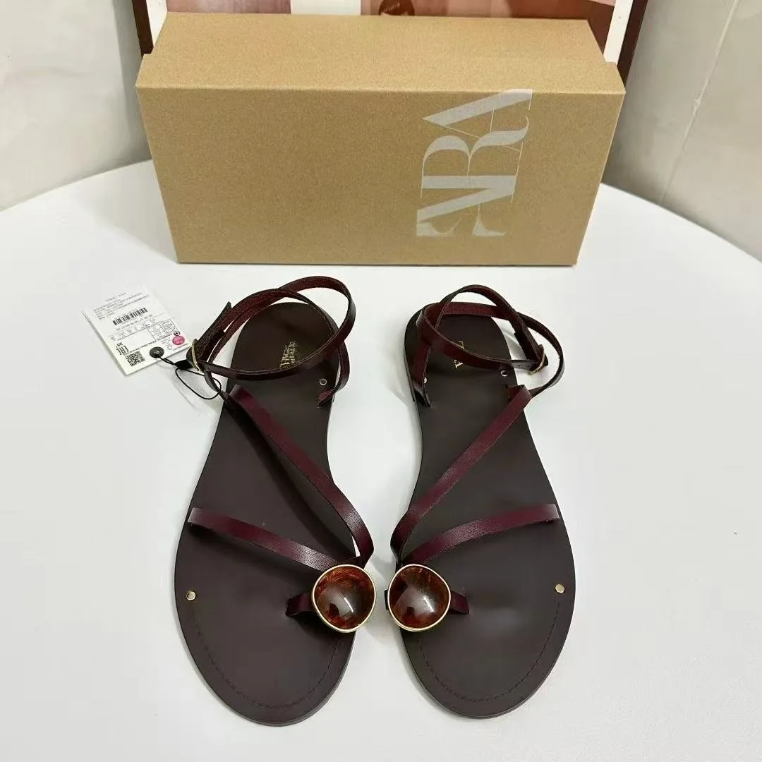 

Bloomsteps2025 Fashion Design Summer Fashion Flat Square Toe Gold Buckle Decorated One-Strap Clip-Toe Sandals for Women