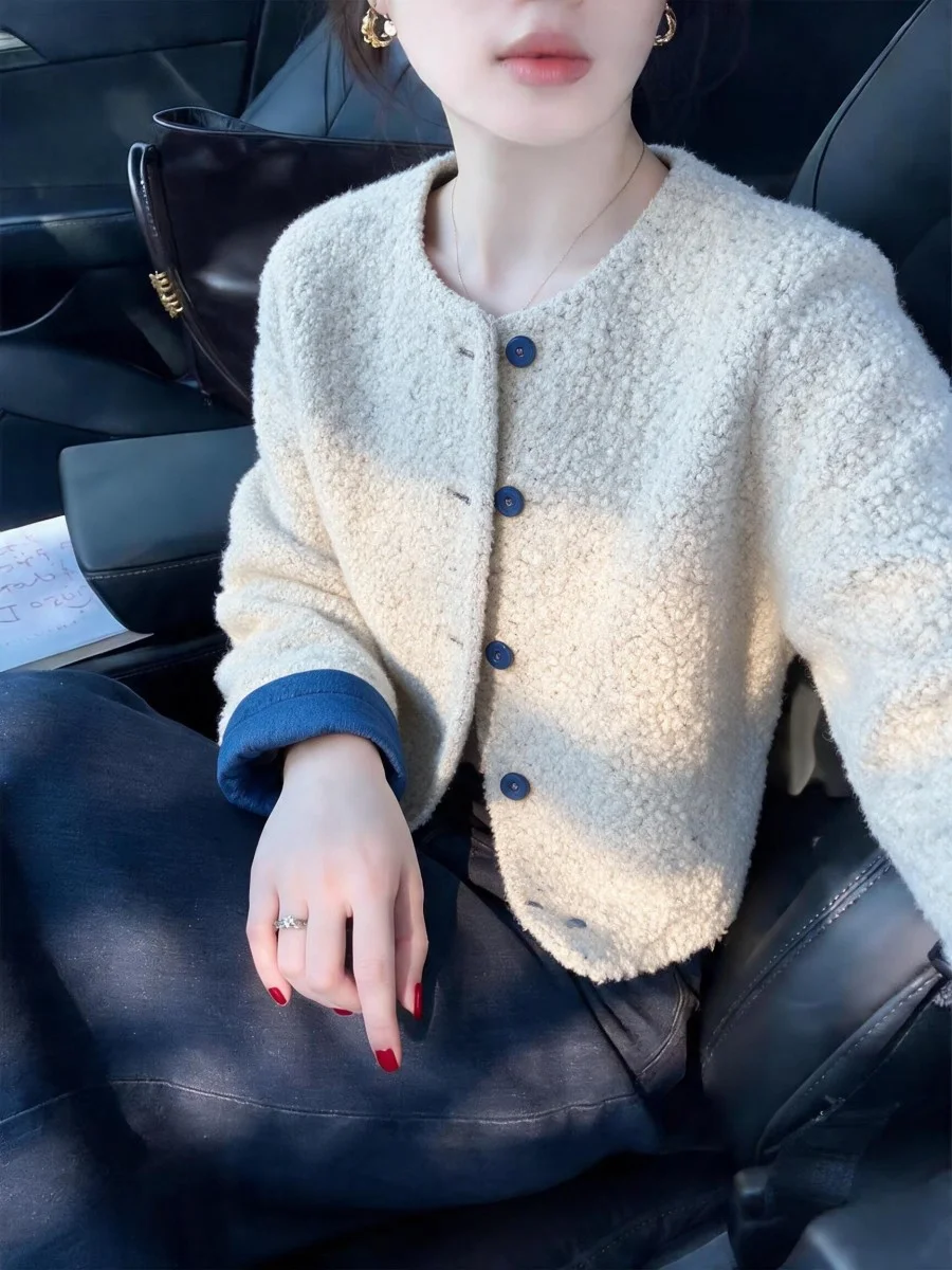 Lamb Fur Jacket Women's Thickened Cotton Coat Loose Short Style Lamb Velvet Circle Cotton Clothes Warm Gentle Style Casual Wear