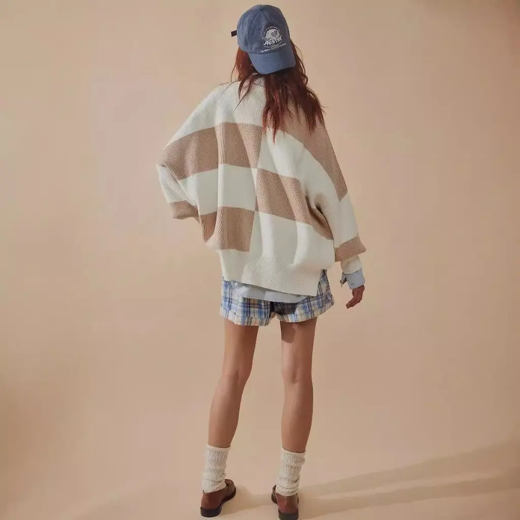 

Женский свободный повседневный свитер в клетку контрастного цвета, элегантный пригородный топ, осень-зима, новый европейско-американский стиль