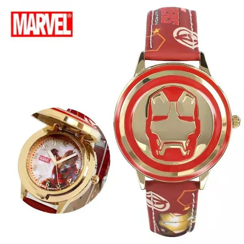 

Marvel Iron Man Flip Cover Watch Avengers Superheroes Machines Children Waterproof Wristwatch Leather Watch Strap Watchband Gift