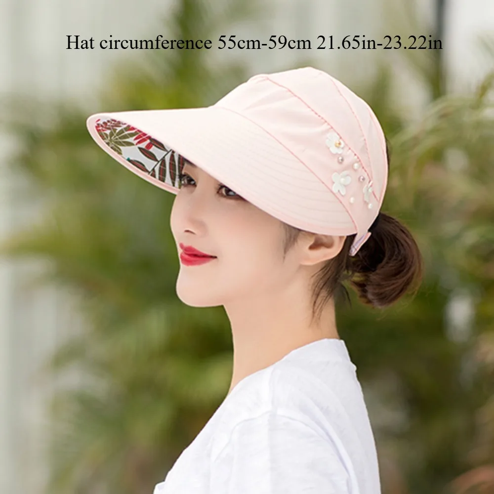 Women's Summer Visor Hat Large Brim Foldable Pearl Sun Hat UV Protection Outdoor Lightweight Sun Cap