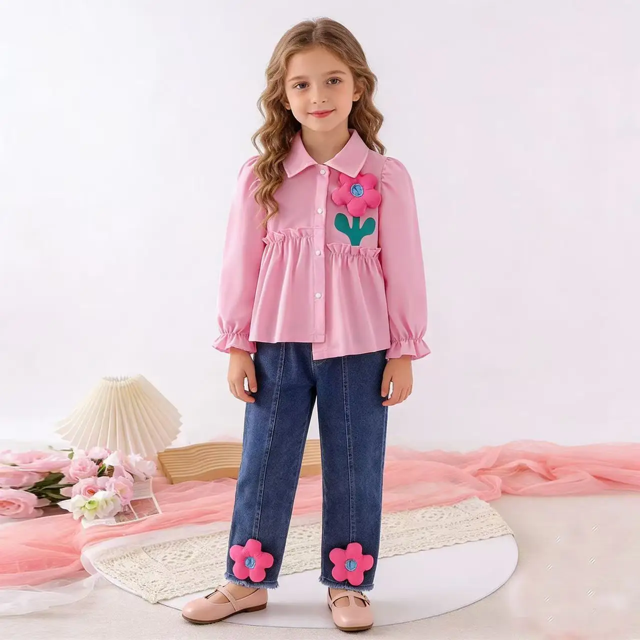 

Fall 2026 NewToddler Girls Set 3D Floral Long Sleeve Shirt + Denim Pants Two-piece Set for Little Kids for 4-7Y