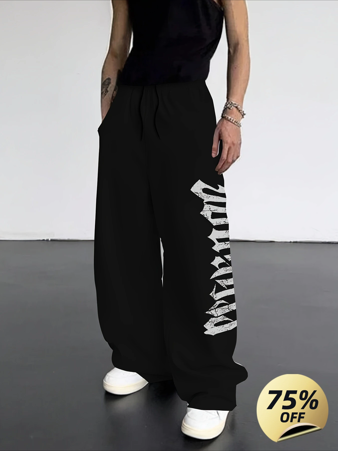 Men'S Black Wide-Leg Pants, Athletic Trousers, Pattern Design, Straight Leg, Perfect for Gothic Style, Carnival