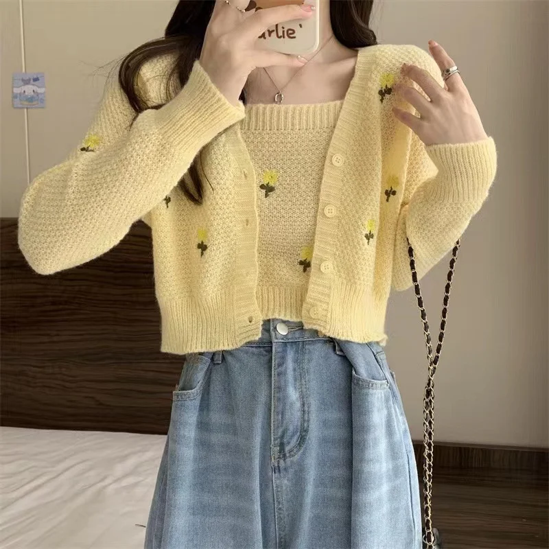 Women Set Fashion Sweet Embroidery Floral Knitwear Suit Woman V Neck Long Sleeve Cardigan + Knitted Tank Sleeveless Cropped Top