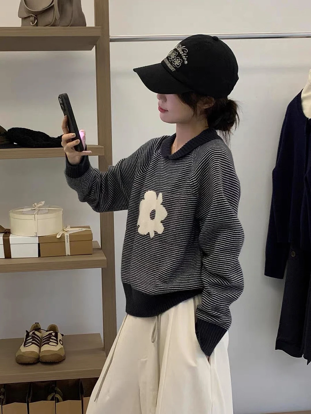 가을 겨울 루즈핏 여성 니트 스웨터 스트라이프 터틀넥 아우터웨어 롱 스웨터 칼라 따뜻한 보온 패션 출퇴근용