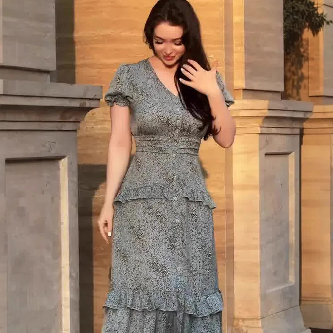 2025 Estate nuovo grigio chiaro floreale manica corta legatura in vita abito lungo sottile donna sexy abito temperamento vintage