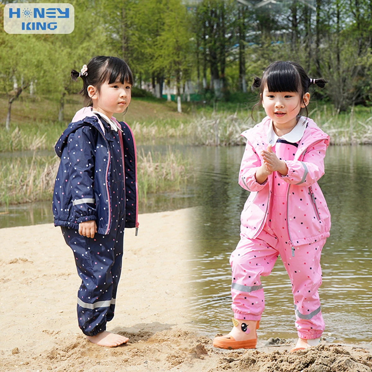 

HONEYKING Children's Clothing Sets Raincoat Suit Baby Waterproof Overalls Pants Girls Jumpsuit For Kids Jacket And Trousers Set