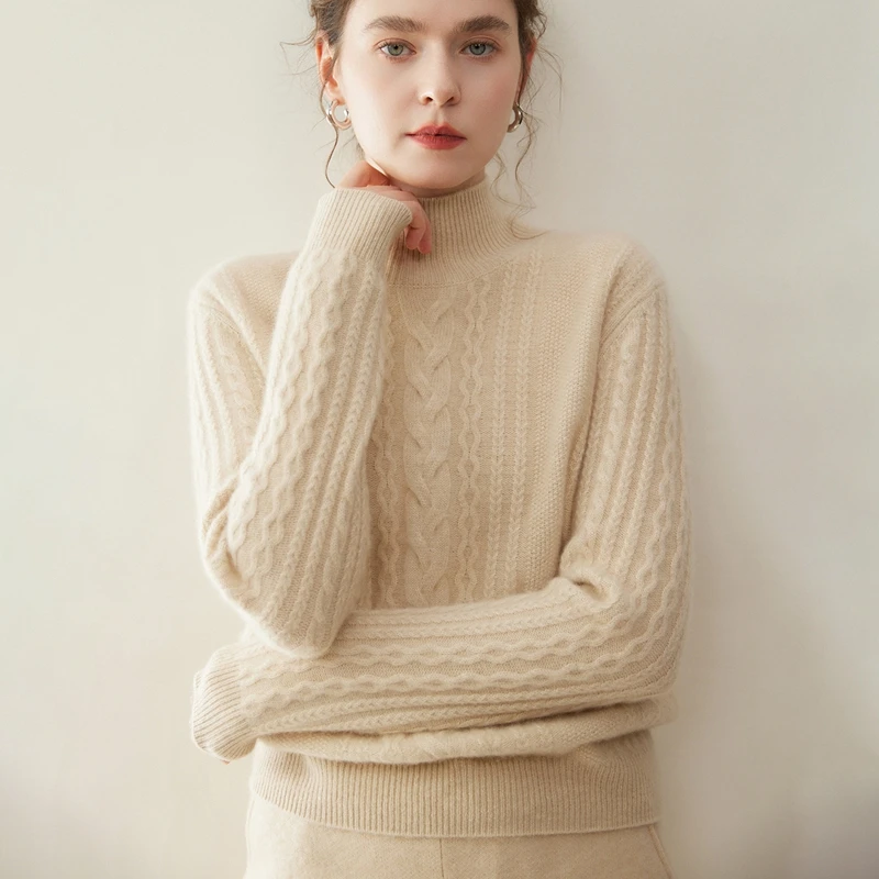 2026 Autumn Winter Womens 100 Cashmere Half Turtleneck Pullover Loose Short Knitwear Solid Casual Goat Female Sweater Tops New..
