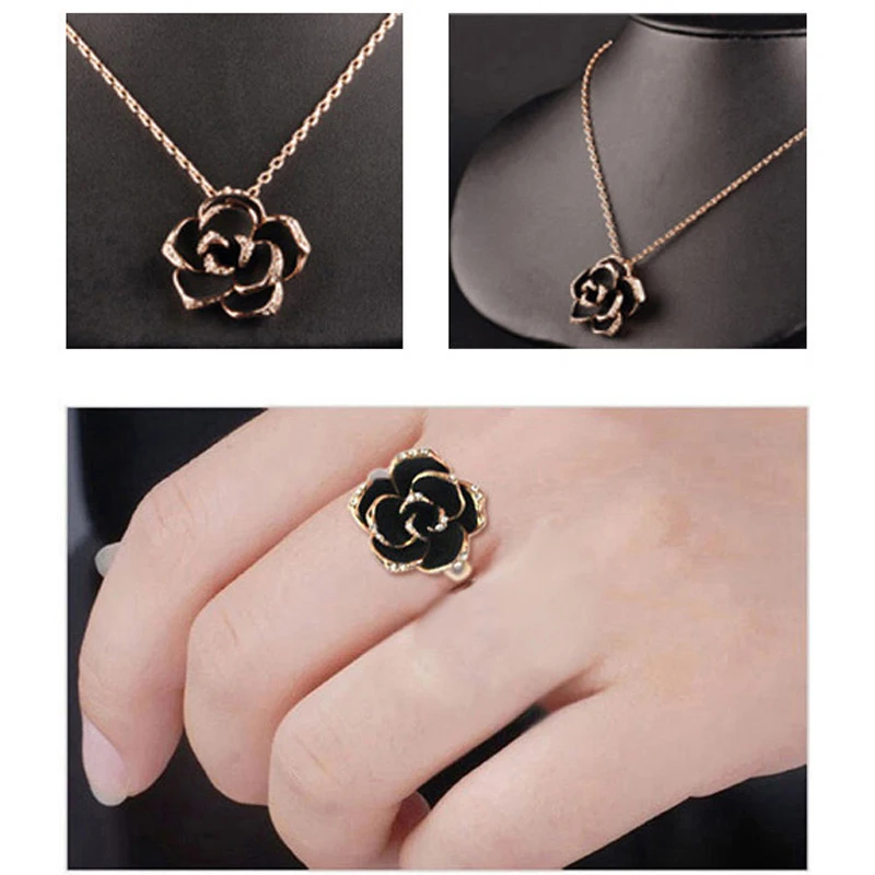 Black Rose Mountain Camellia Earrings Necklace Ring Fashion Bride Jewelry Set For Women Gift