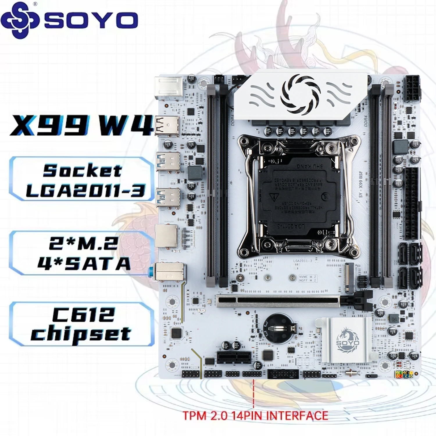 Carte mère SOYO X99 DDR4 LGA2011-3 avec emplacement M 2, prend en charge le chipset C612, double canal DDR4 SATA 3.0, blanche, refroidissement blindé