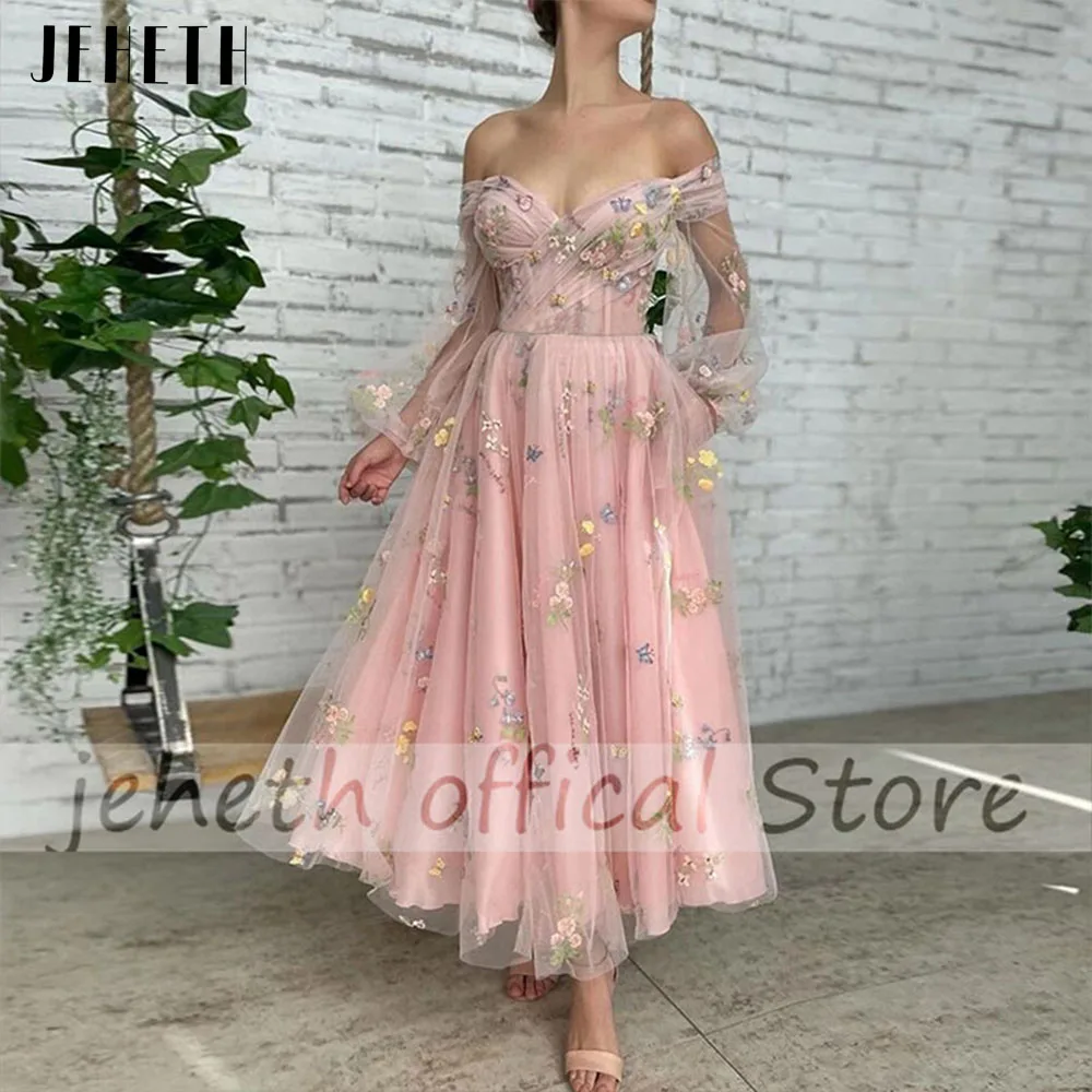 JEHETH Elegant Flower Pink Prom Dress Charming A-line Pageant Sweetheart Illusion Long Sleeve Off Shoulder Evening Gowns Women