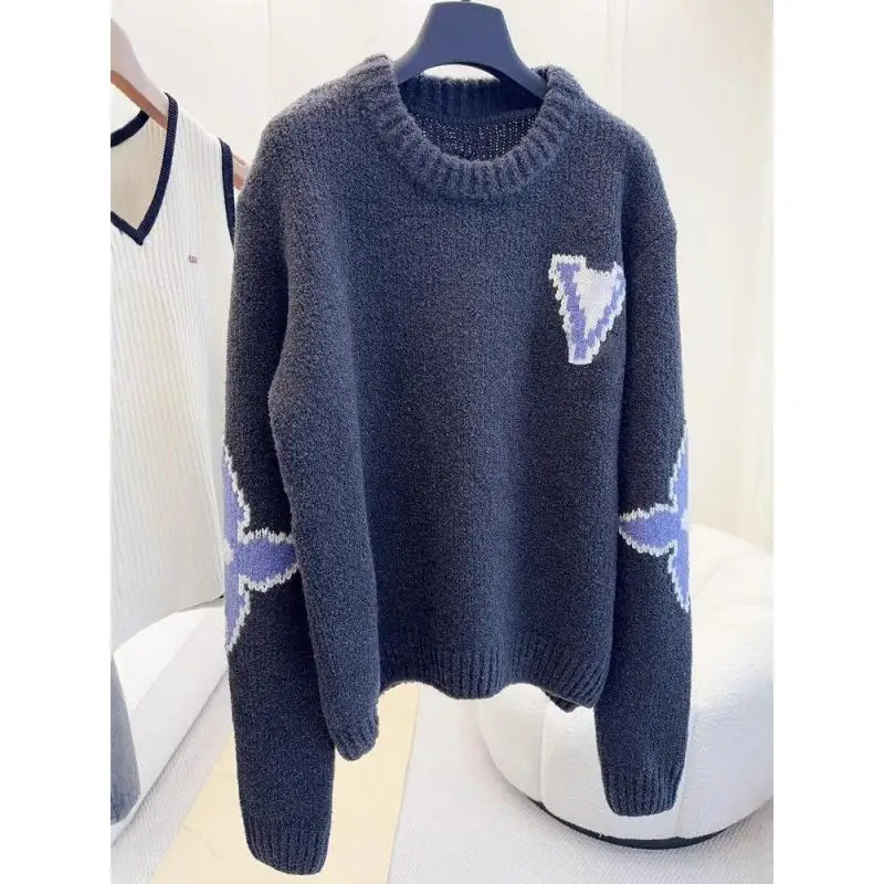 

2025 New Alphabet Jacquard Loose Sweater Lazy Style Crewneck Color-matching Pullover Sweater