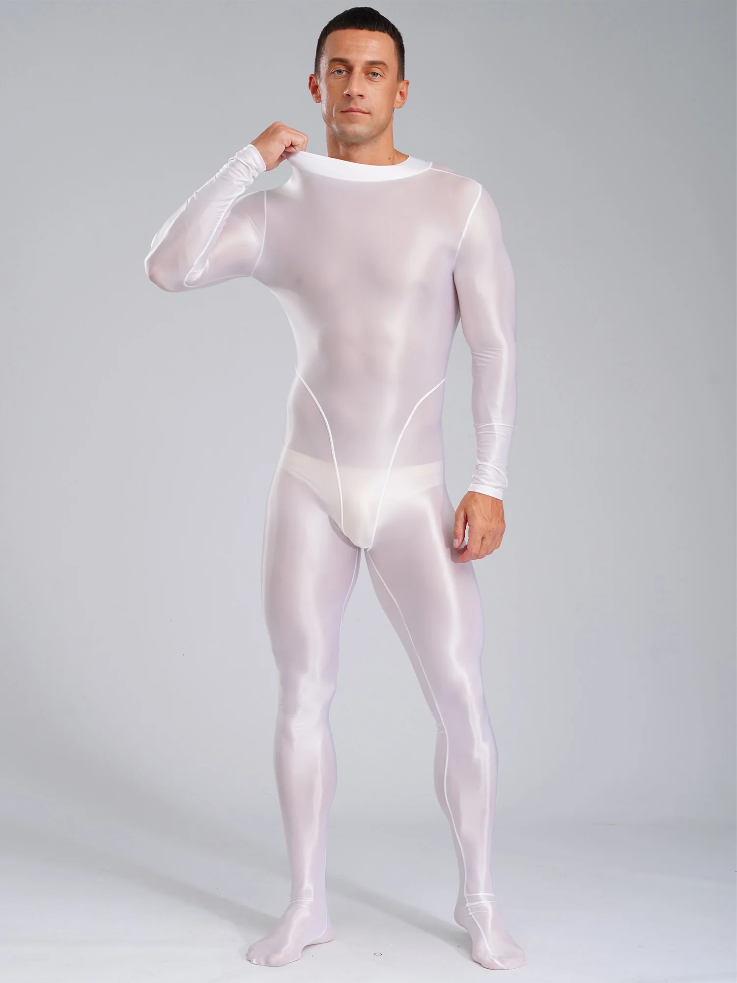 

Mens See Through Glossy Bodystockings Solid Color Oil Shiny Long Sleeve Full Body Bodysuit Night Club Wear One Piece Unitard