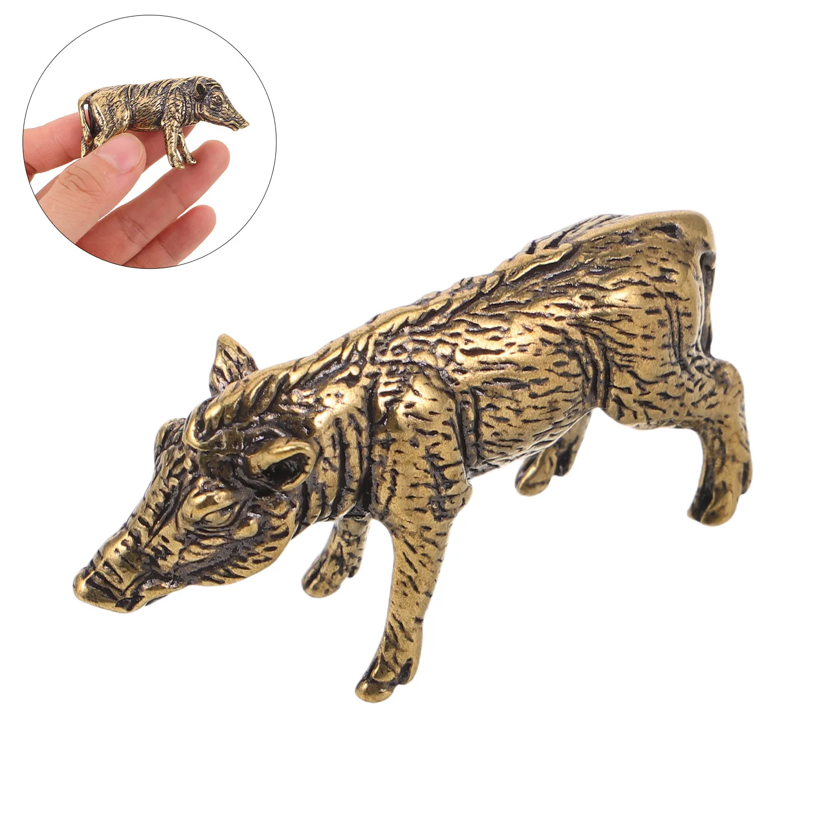 Brass Wild Boar Tea Pet Small Metal Animal Figure Rustic Farmhouse Table Sculpture Desk Paperweight Chinese Tearoom Home Office