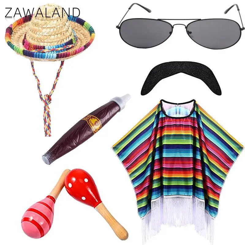 Kid Adult Mexican Costume Colorful Cloak Poncho Sombrero Hat Sunglasses Striped Cape Adults Stage Performance Carnival Party