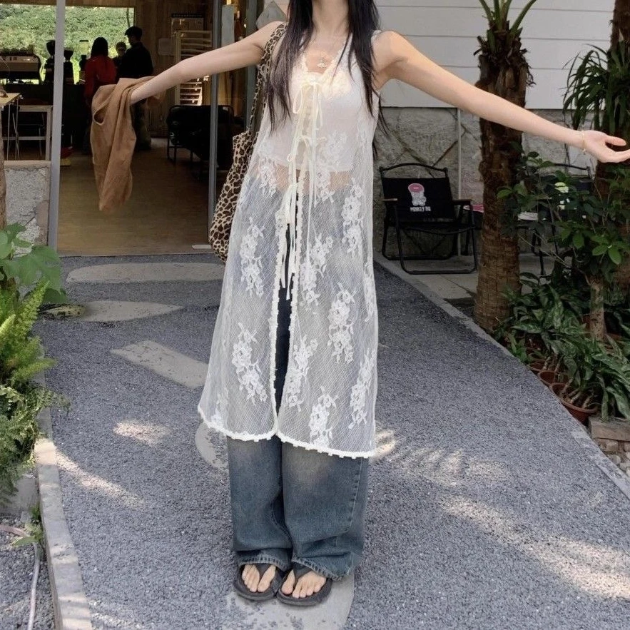 

Women's Summer Lace-Up Beige Sheer Lace Vest Boho Style Holiday Beach Sleeveless Long Cardigan Coat Transparent Tie Cover Up Top