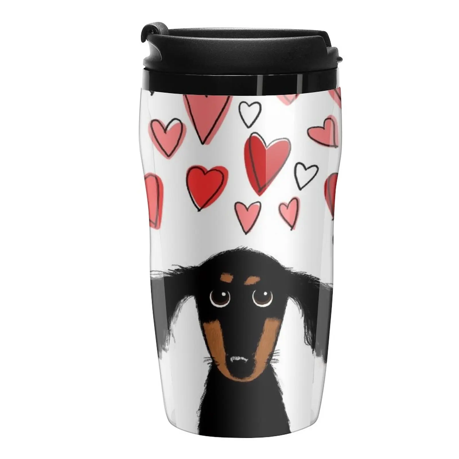 

New Cute Dachshund Puppy Dog with Valentine Hearts Travel Coffee Mug Thermo For Coffee Coffee Cups Set Mug Coffee Cup