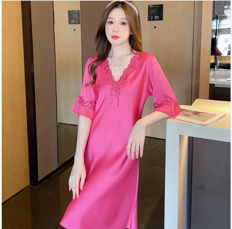 Пижамы женские летние шелковые тонкие ледяные шелковые с короткими рукавами кружевные сексуальные шелковые свободные пижамы большого размера летняя одежда для дома