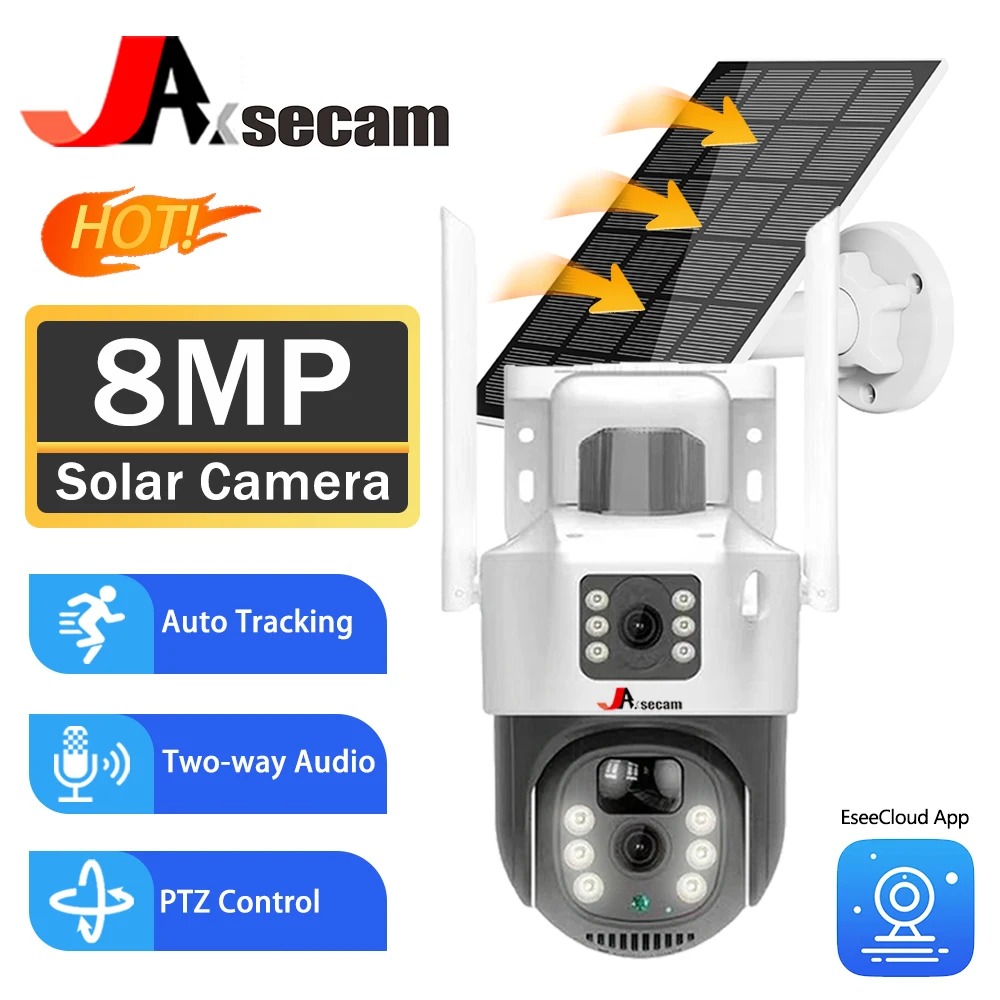 EseeCloud-cámara de seguridad inalámbrica con batería solar, 8MP, lente Dual, IP66, visión nocturna a Color, Audio bidireccional, PIR, recargable, PTZ