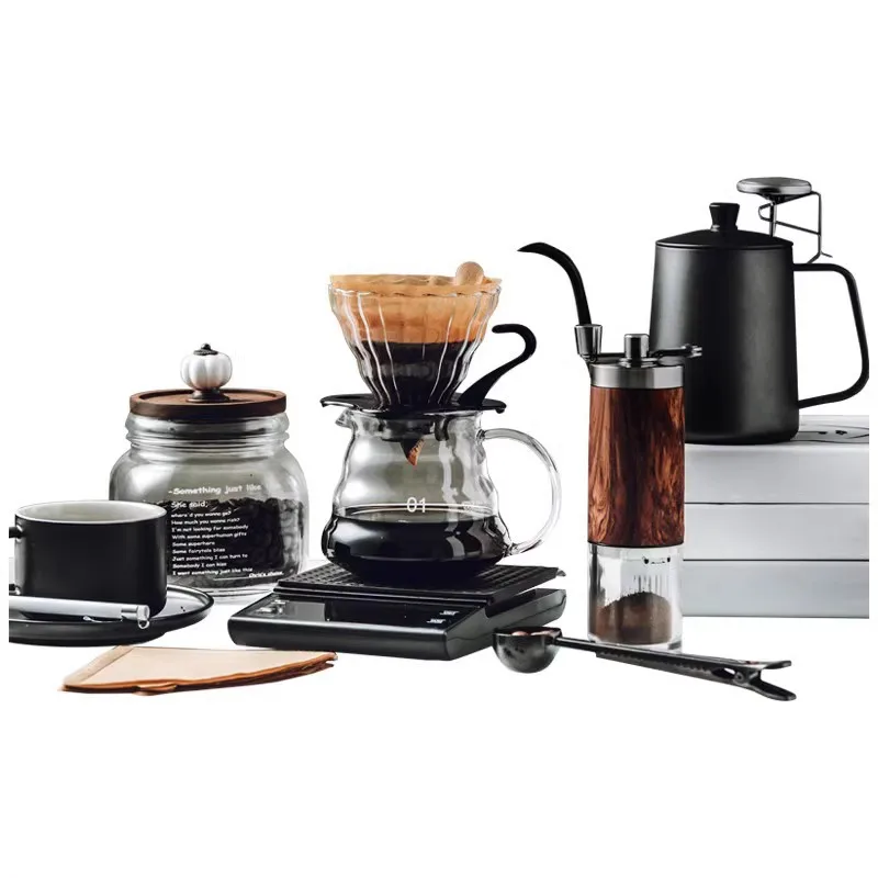 6pc Set Coffee Kits Coffee Accessories Manual Grinder Mill Glass Pot with Filter Dripper Gooseneck Kettle Specialized Barista