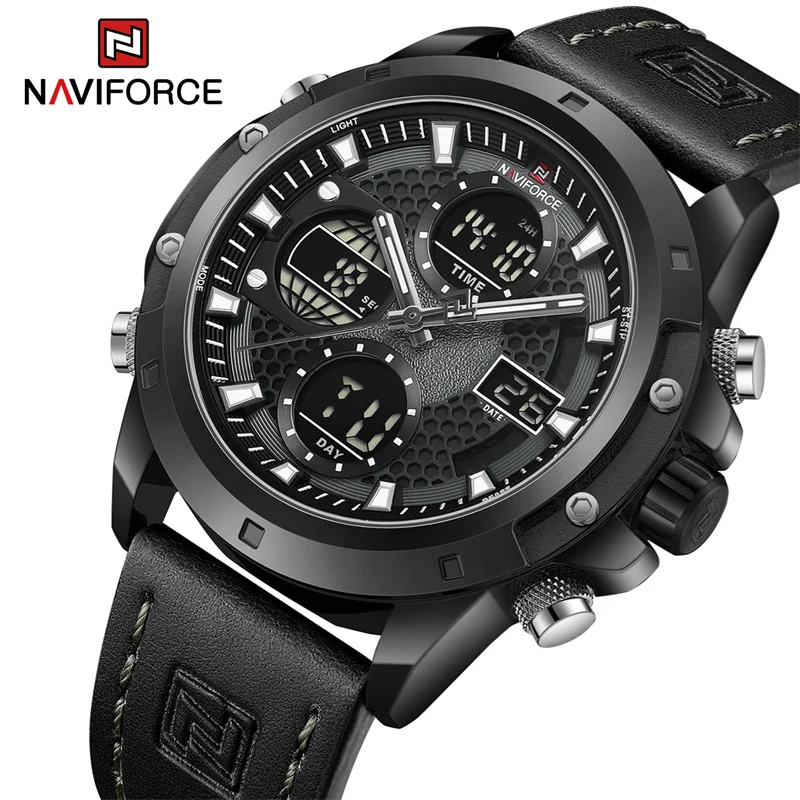 NAVIFORCE Men Sport Watch Fashion Genuine Leather Strap Dual Display Wristwatch Waterproof Chronograph Alarm Clock Reloj Hombre