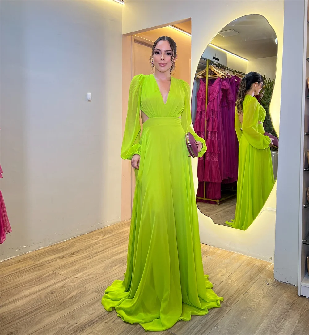 كوبي على شكل حرف v بدون ظهر فساتين لحضور الحفلات الموسيقية 2025 شيفون كم طويل طيات فساتين سهرة أنيقة سويب تراين فساتين حفلات مخصصة