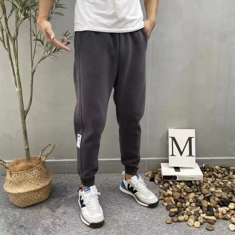 

Korean Fashion Autumn New Winter Men's Solid Color Pockets Elastic Waist Drawstring Motion Casual Loose Bound Feet Sweatpants