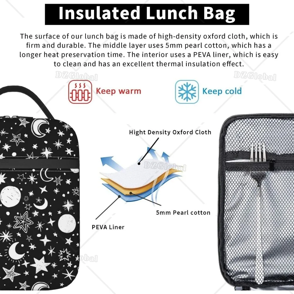 Black and White Moon Star Reusable Insulated Lunch Bags for Teens Boys Girls Men Women Thermal Lunch Box Cooler Bento Tote Bag