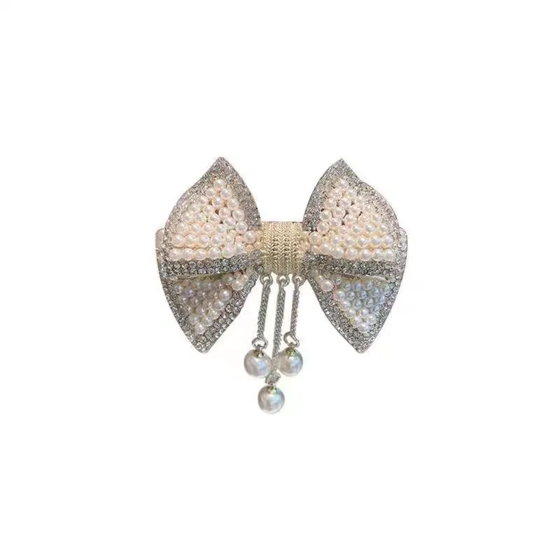 New bow hair clip for women, imitation pearl and rhinestone spring clip, light luxury high-end style hair accessory view 4