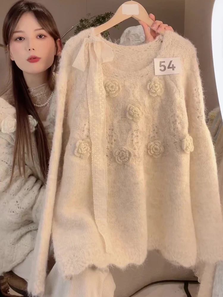 الكورية Sle الجوف خارج ثلاثية الأبعاد زهرة محبوك سترة المرأة فضفاضة كسول Sle سترة علوية الخريف الشتاء جديد وصول ملابس خارجية