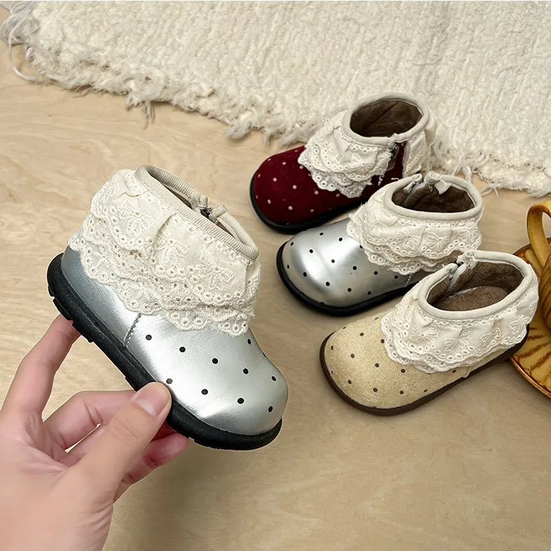 

Children's Cotton Boots Korean Fashion New Cute Lace Polka Dot Decoration Girls Anti Slip Soft Sole Outdoor Warm Cotton Shoes