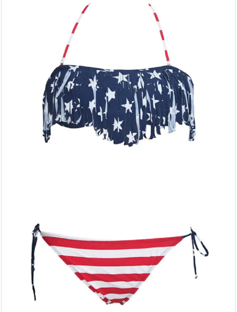 

American Flag Bikini Set Strapless Star Print Bandeau Top Swimsuit Two-Piece Swimwear for Women
