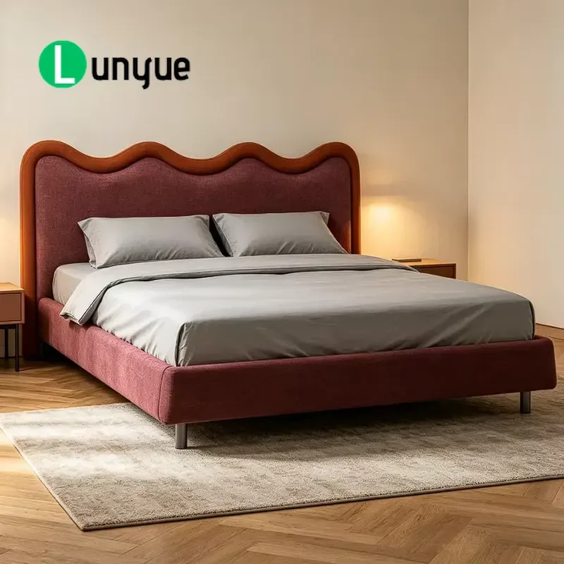 Modern Wood Frame Metal Slim Legs Curved Wave Headboard Custom Fabric Upholstered Platform Bed for Bedroom Villa Home