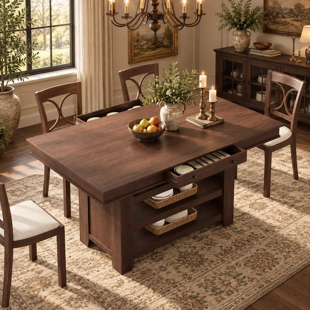 Counter Height Farmhouse Dining Table Wine Rack Shelves Drawers Wood Tall Bar Kitchen Furniture Brown