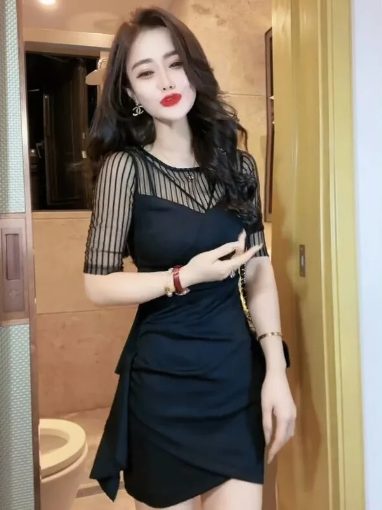 Transparent Sexy Black Mesh Midi Dress Vintage Tulle Aesthetic Clothing Casual Fashion Summer Dresses Women 2024 Puff Sleeve New