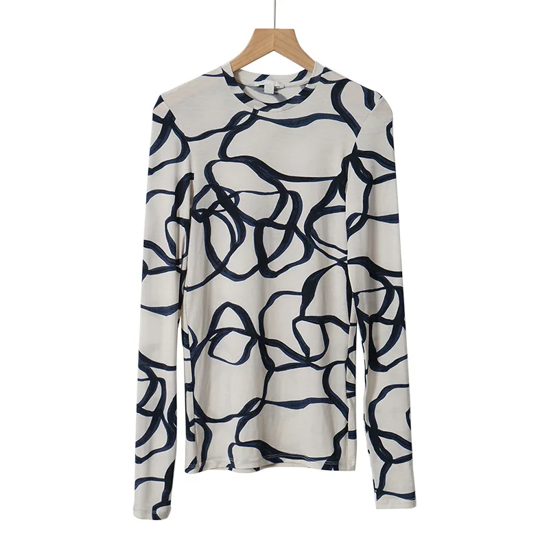 2022 spring and summer new products abstract printing long-sleeved T-shirt POLO shirt women's slim simple bottoming shirt top