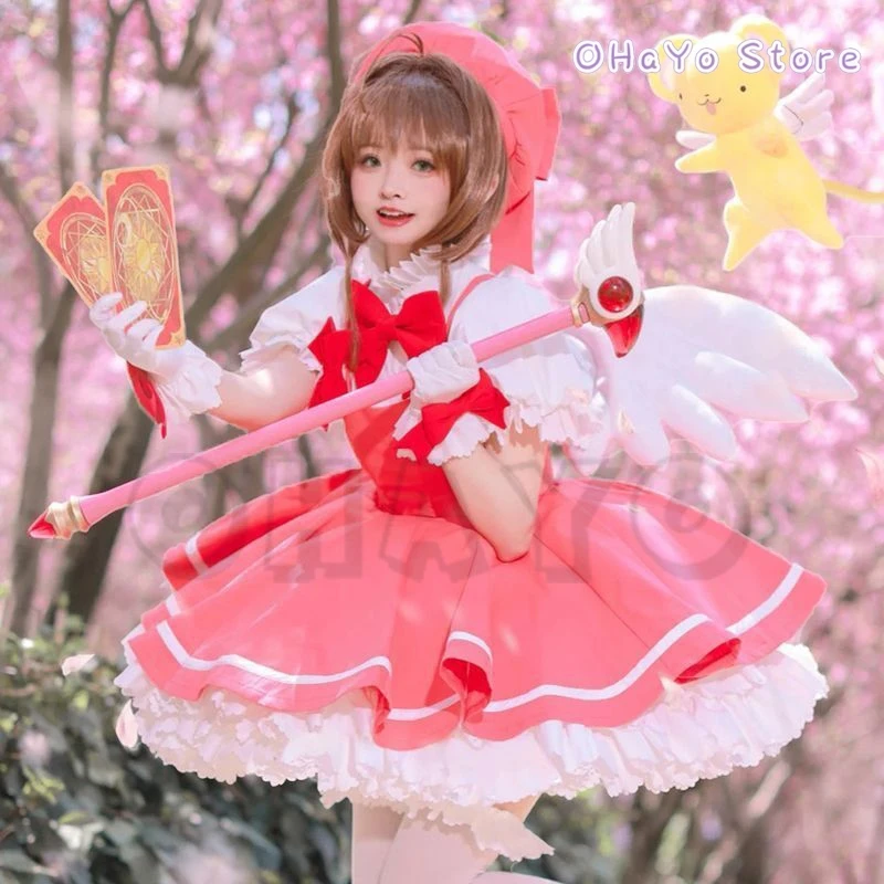 

Cardcaptor Sakura Card Captor Косплей Kinomoto Sakura Косплей Костюм Парик Трость Розовое Платье Лолиты Хэллоуин Необычные Cos Костюм Для Вечеринки