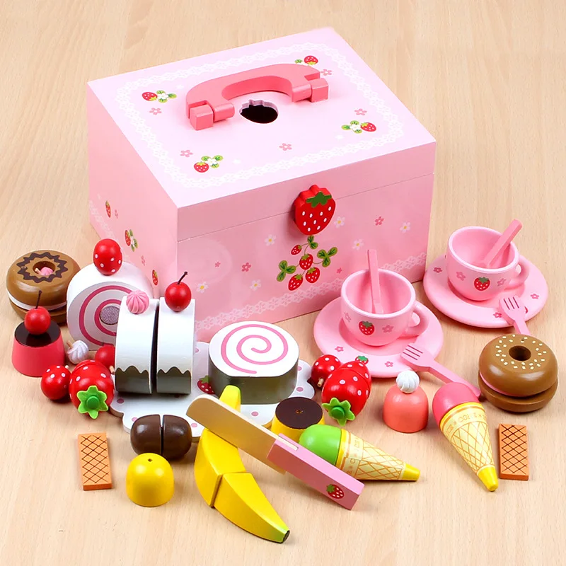 NEW Wooden Toys Strawberry Simulation Cake/Afternoon Tea Set Cut Game Pretend Play Kitchen Food Child Birthday Gifts  