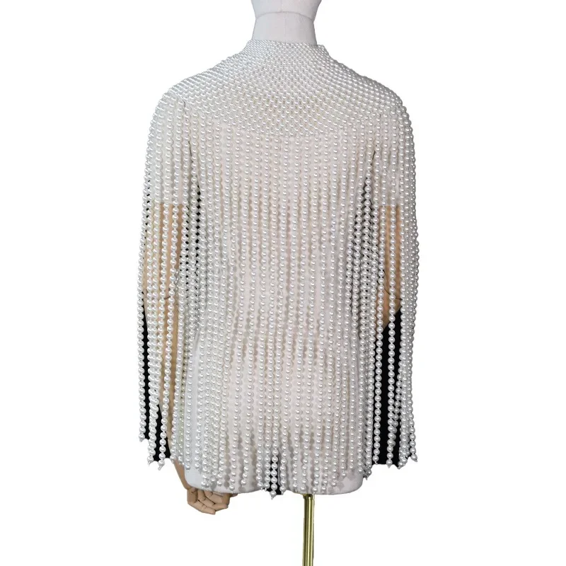 Cross-border new hollow pearl fringed women's atmospheric heavy industry dress shawl