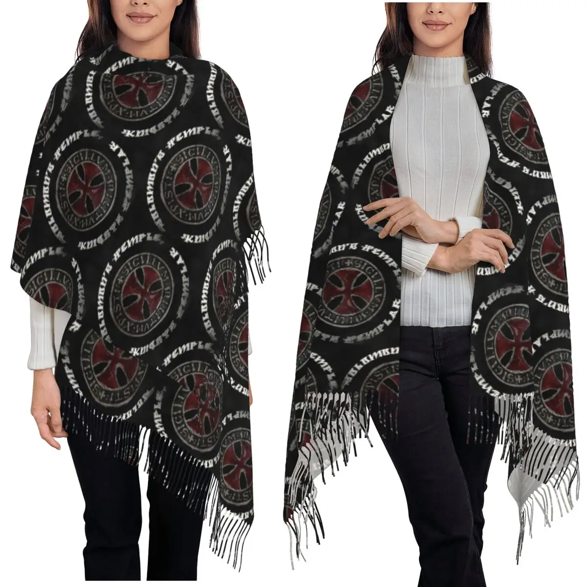 القرون الوسطى شعار فرسان تمبلار أوردي دو معبد الصليب وشاح شرابة الأوشحة للنساء شالات والتفاف طويل الخريف الشتاء شال التفاف