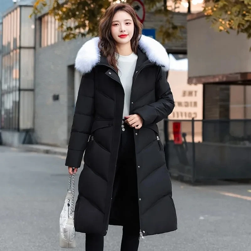 リアルファー襟付きホワイトダックダウンジャケット レディース 2025年冬新作 レースアップ 厚手 フード付きダウンコート 女性用 ロング丈 暖かいパーカー オーバーコート