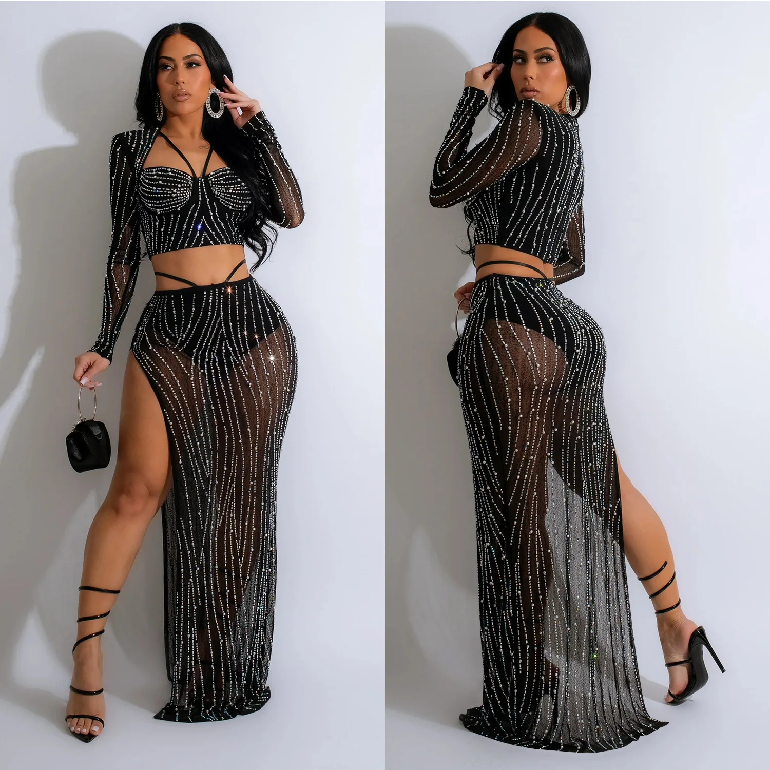 

European and American fashion women's clothing solid color mesh hot diamond long-sleeved long skirt two-piece set