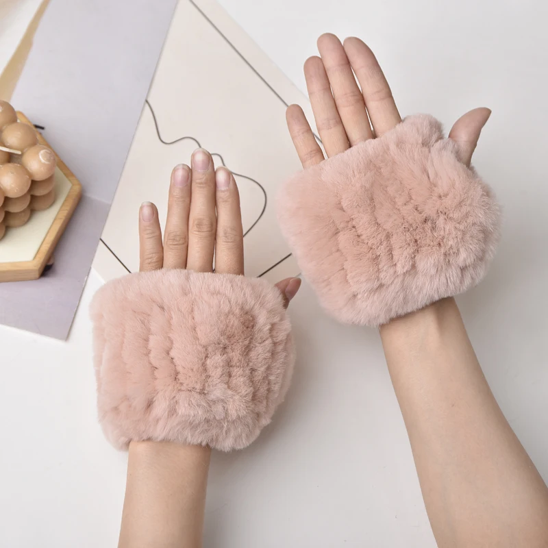Women's Natural Rex Rabbit Fur Gloves Elastic Knitted Real Fur Mittens Winter Warm Wrist Guards with Exposed Fingers