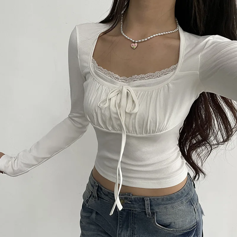 

Autumn Winter Outfits Pure Desire Spicy Girl Square Neck Tie Up T-Shirt For Women With A And Unique Short Sleeved Top