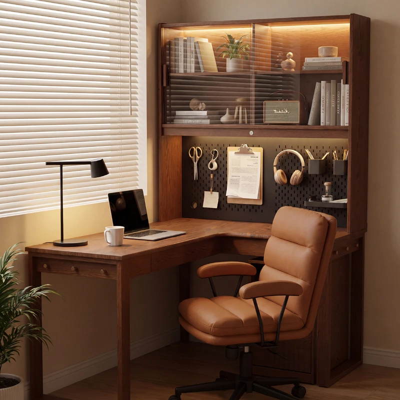 desk solid wood corner desk bookshelf integrated combination L-shaped study table against the wall corner adult home computer