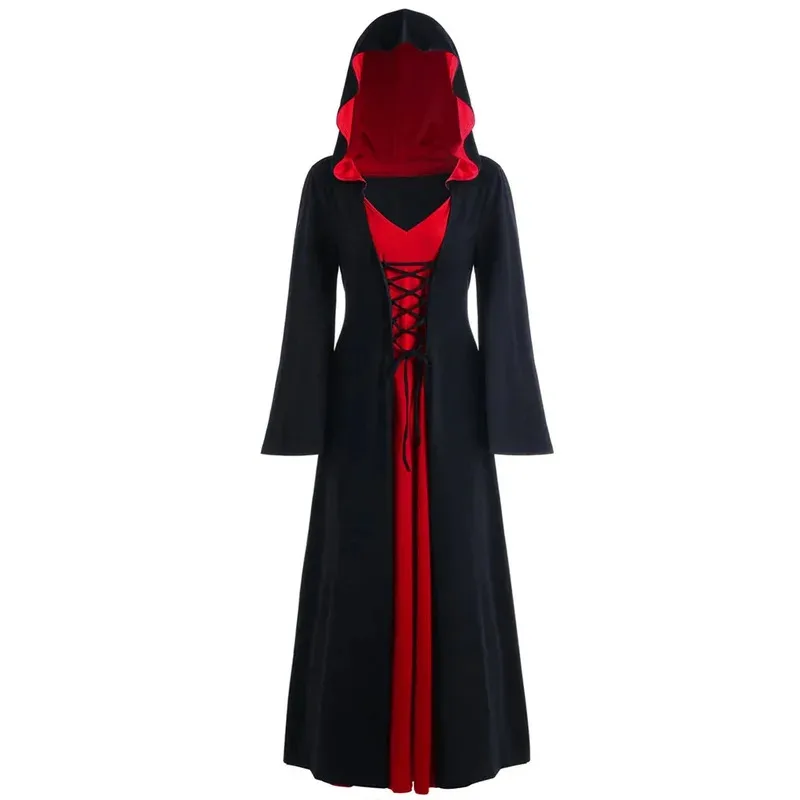 Vestido medieval para mulheres, vestido vintage com capuz, manto, adulto, retrô, cosplay, halloween, assustador, vampiro, bruxa, vestido longo