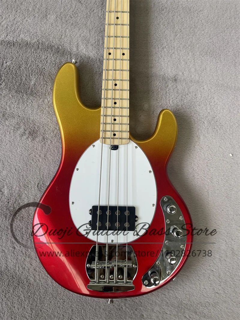 Gold powder gradient red electric bass Ray body basswood Maple neck Rose wood fingerboard White pickup board Active battery case